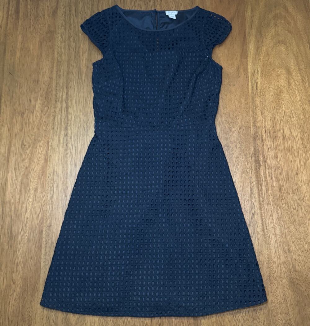 J Crew Black Eyelet Fit Flare Dress Womens 4 Cap Sleeve
